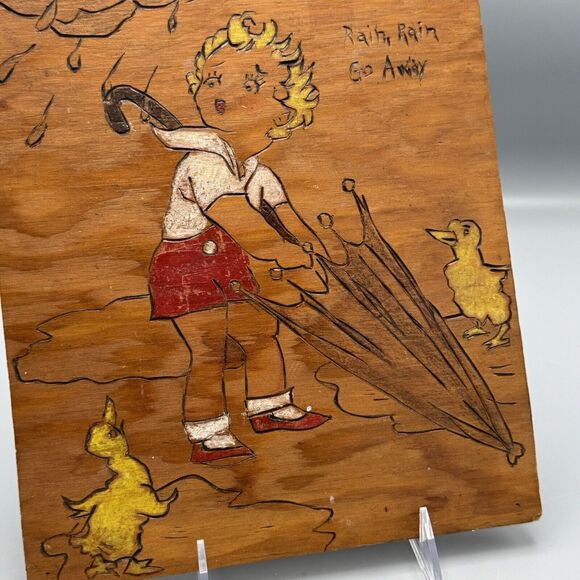 Vtg Pyrography Wood Art Painting Rain Rain Go Away Nursery Rhyme Wall Decor - Picture 12 of 12